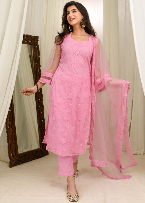 Pink Readymade Embroidered Pant Suit In Net