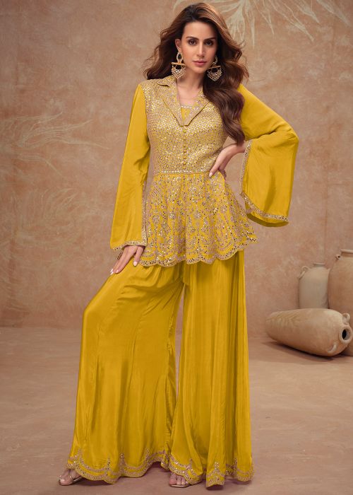 Readymade Yellow Embroidered Chiffon Palazzo Suit