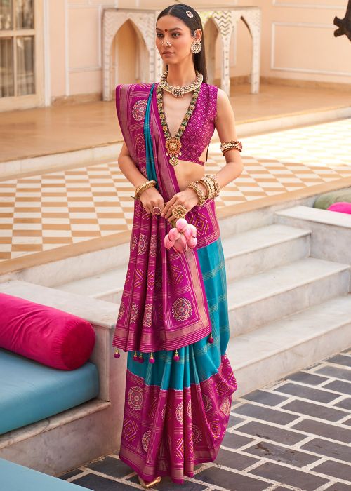 Blue & Pink Patola Print Silk Saree