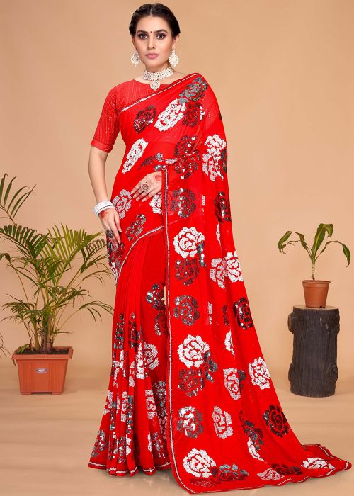 Red Sequins Embellished Georgette Saree