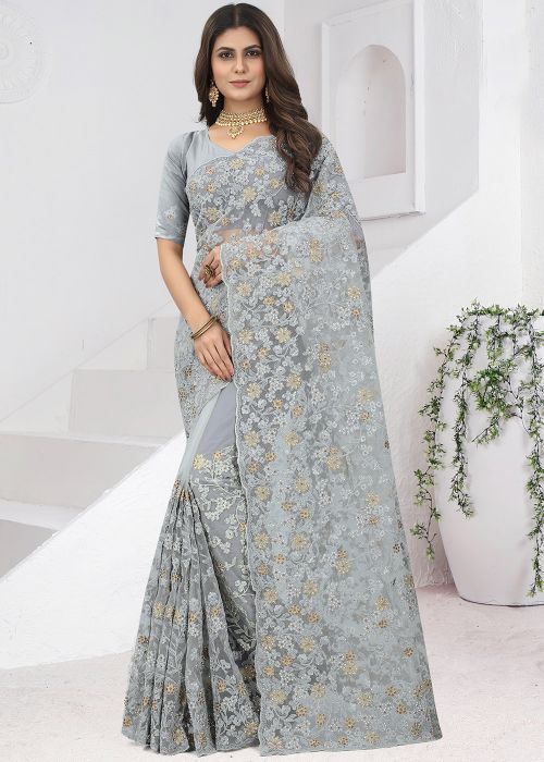 Grey Resham Embroidered Net Saree