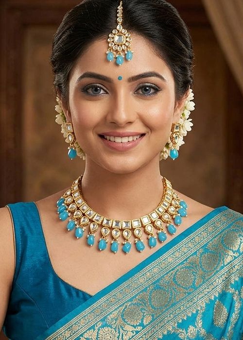 Turquoise Kundan Necklace Set With Mangtikka