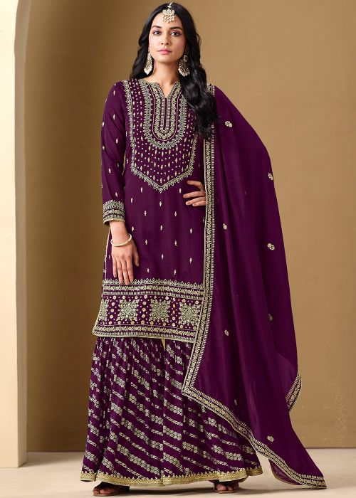 Purple Embroidered Readymade Palazzo Suit