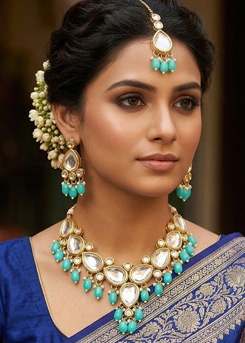 Turquoise Kundan Necklace Set With Beads