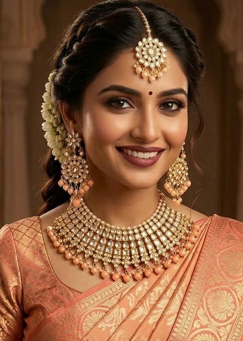 Peach Bridal Necklace Set With Pearl Drops