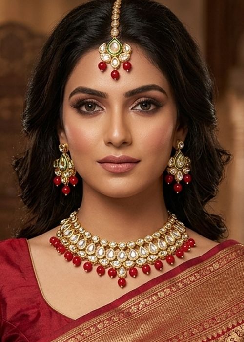 Red Kundan Necklace Set With Beaded Drops