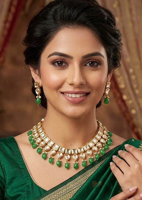 Green Choker Necklace Set With Bead Drops