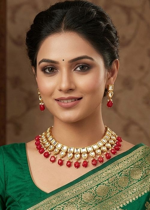 Red Kundan Necklace Set With Beads