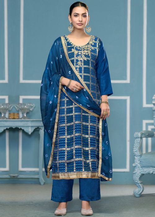 Blue Bandhej Print Pant Suit In Cotton