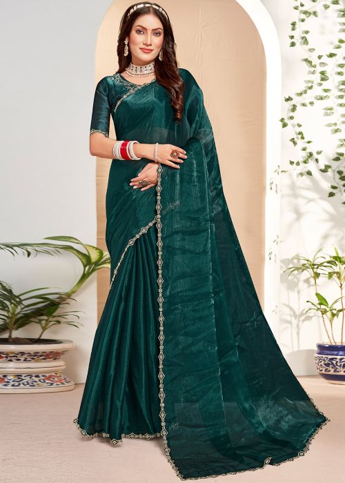 Teal Green Stone Work Saree In Organza