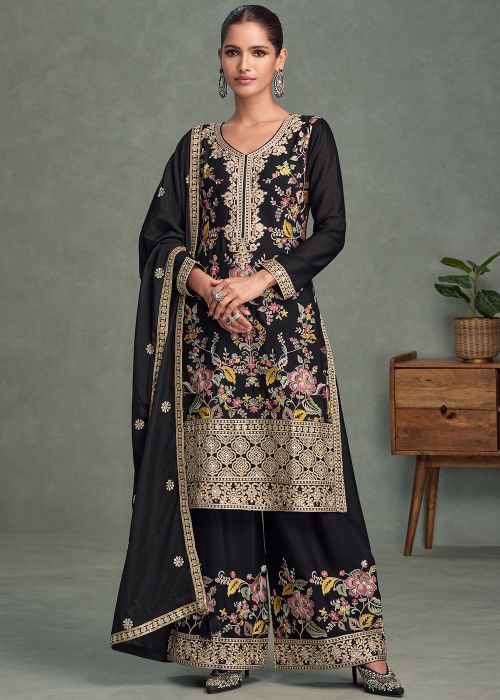 Readymade Black Embroidered Palazzo Suit Set