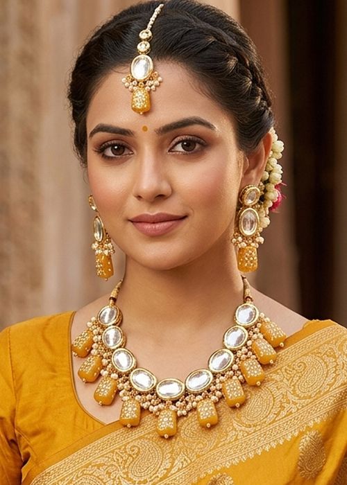 Yellow Kundan Necklace Set With Beads