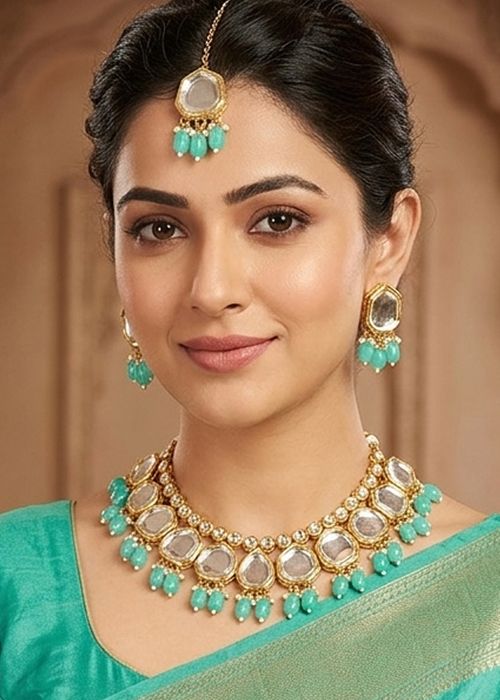 Turquoise Kundan Studded Necklace Set
