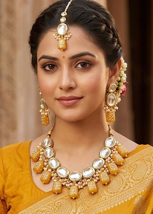 Yellow Alloy Based Kundan Necklace Set