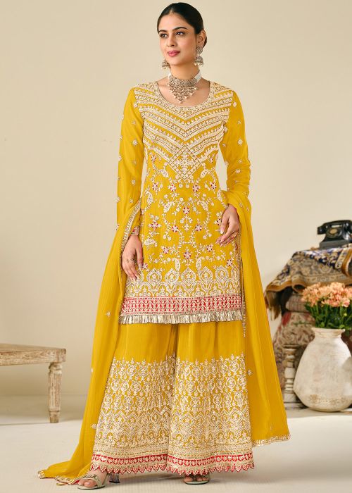 Yellow Embroidered Salwar Suit Set In Chiffon