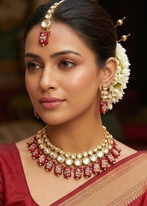 Maroon Kundan Studded Necklace Set