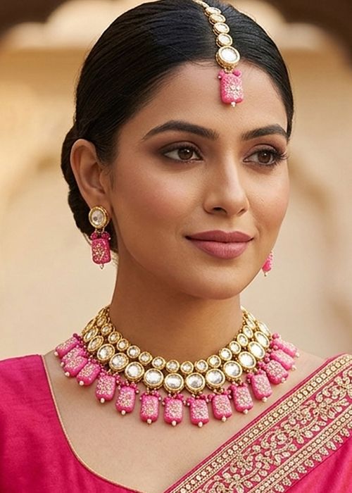 Pink Kundan Stone Necklace Set