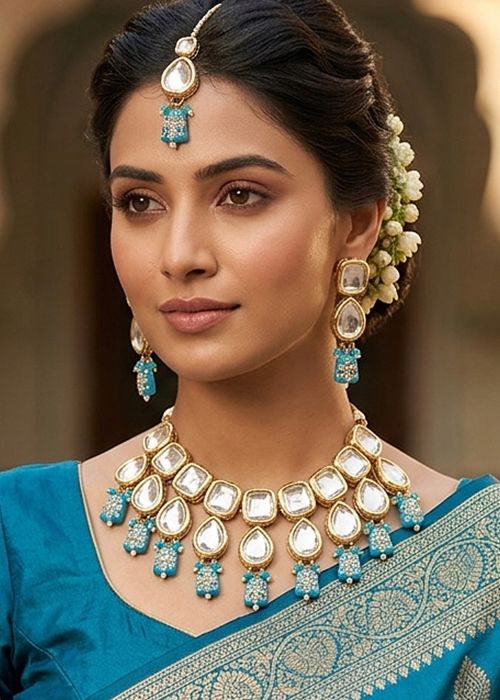 Blue Kundan Stone Necklace Set