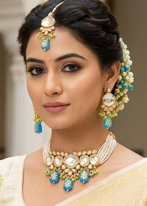 Cream Kundan Choker Necklace Set
