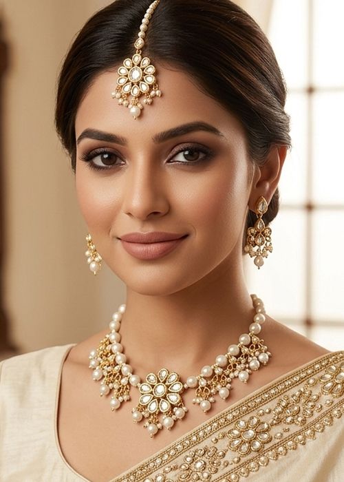 White Pearl Work Necklace Set