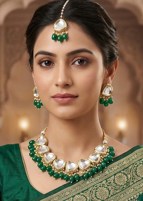 Green Studded Kundan Necklace Set