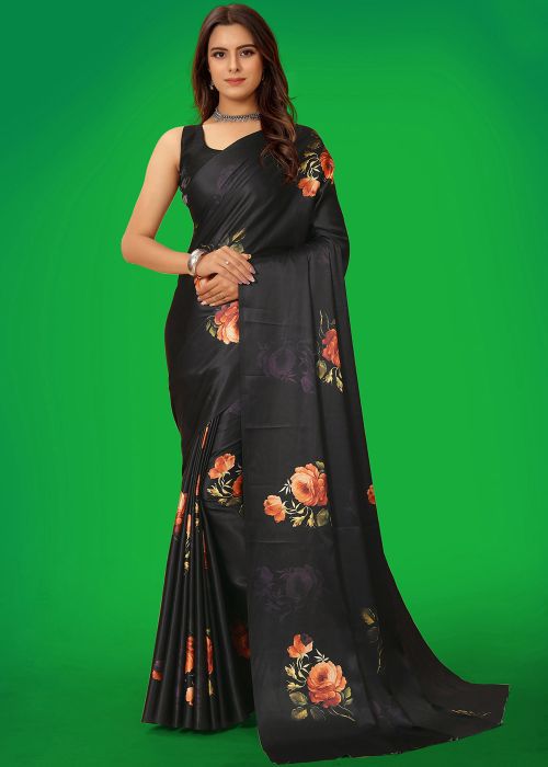 Black Satin Silk Digital Printed Saree