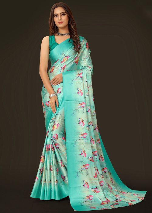 Turquoise Digital Printed Saree In Satin