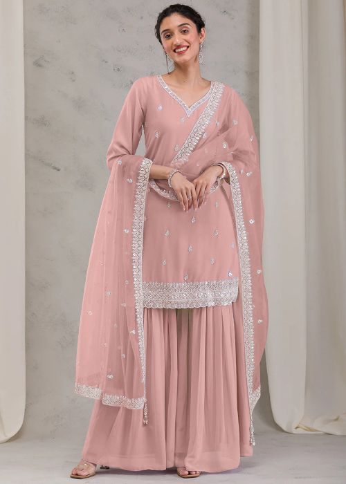 Peach Embroidered Readymade Sharara Suit Set