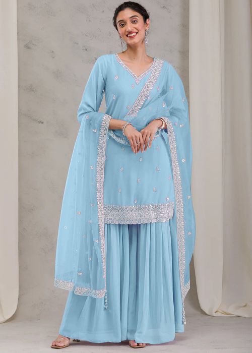 Blue Embroidered Readymade Sharara Suit