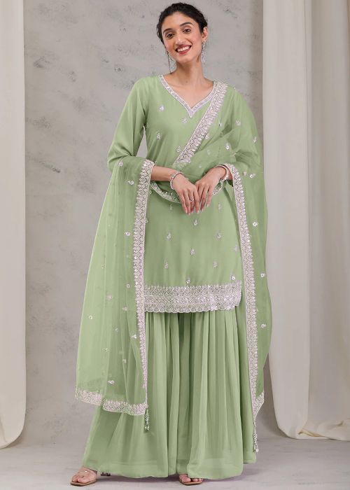 Green Embellished Readymade Sharara Style Suit