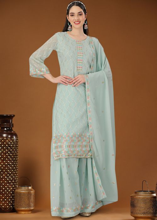 Light Green Embroidered Sharara Suit Set