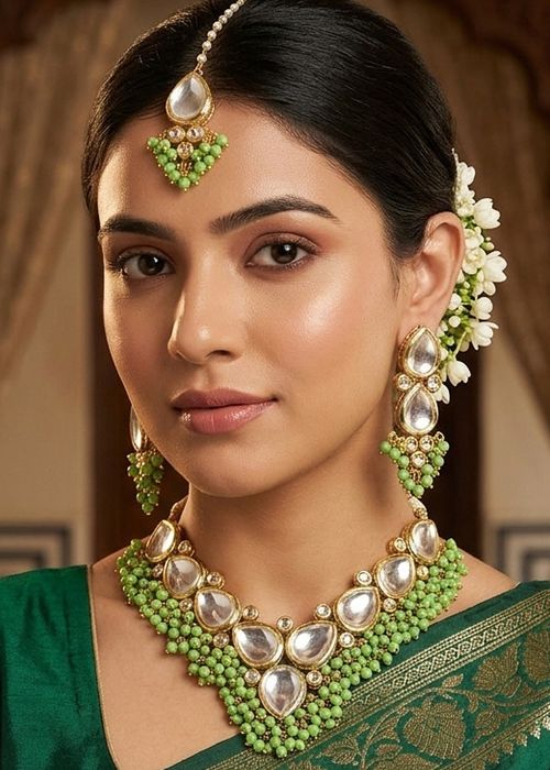 Green Kundan Beaded Necklace Set