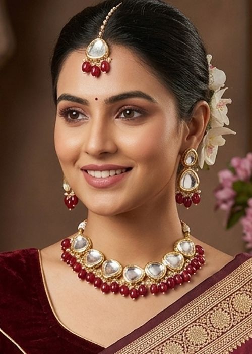 Maroon Kundan Beaded Necklace Set