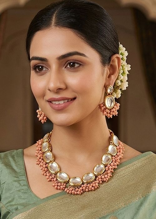 Peach Kundan Beads Necklace Set
