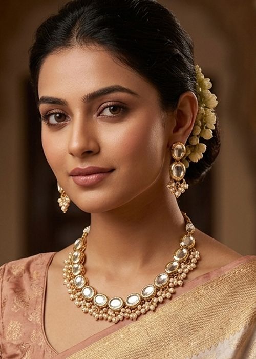 Cream Kundan Studded Necklace Set