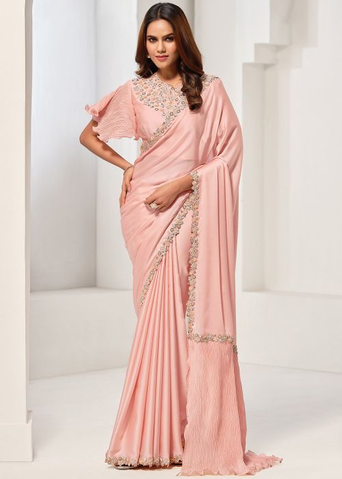 Peach Satin Saree In Embroidery