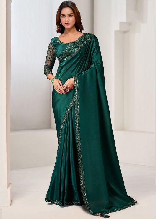 Green Satin Silk Saree In Embroidery