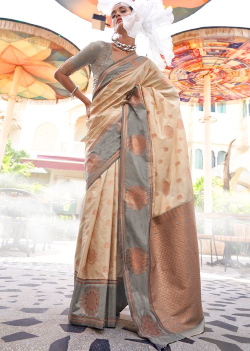 Cream Zari Woven Saree In Art Silk