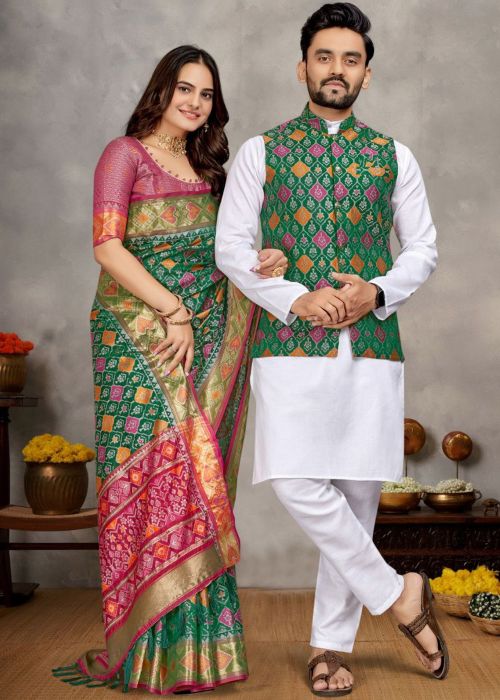 Readymade Green Zari Woven Couple Wear Set