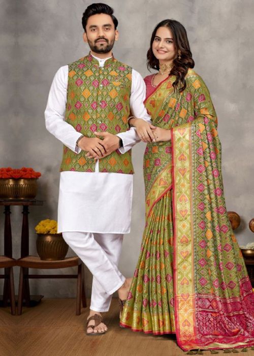 Readymade Mehendi Green Zari Woven Couple Set