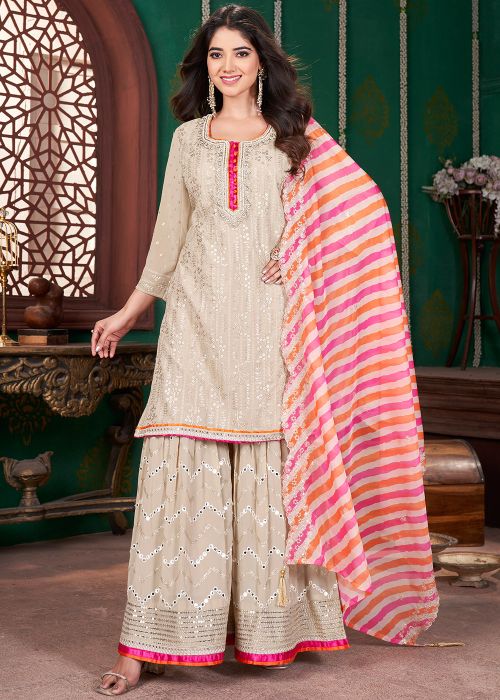 Readymade Beige Embroidered Gharara Suit Set