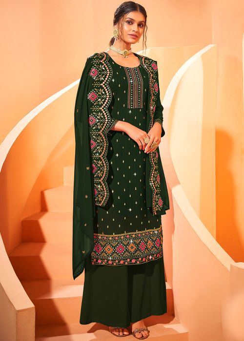 Green Embroidered Salwar Suit Set In Georgette