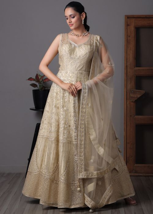 white and gold anarkali dress White and Gold Gown Style Embroidered Anarkali Suit