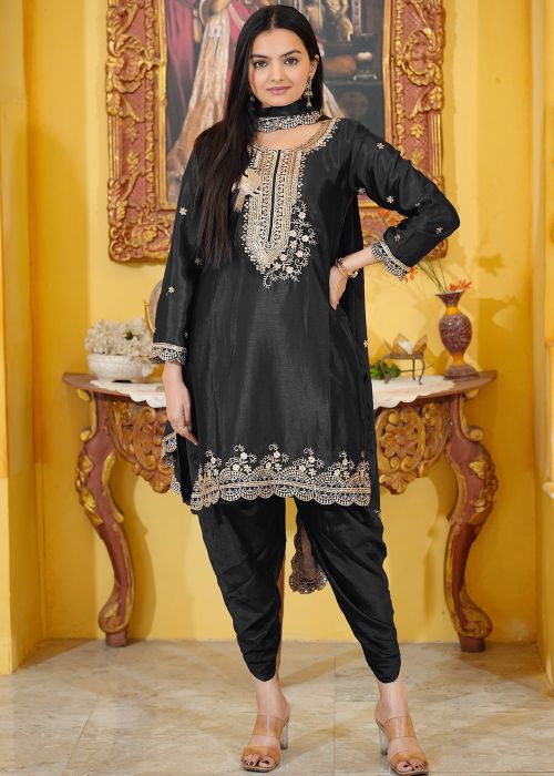 Black Embroidered Readymade Dhoti Style Suit