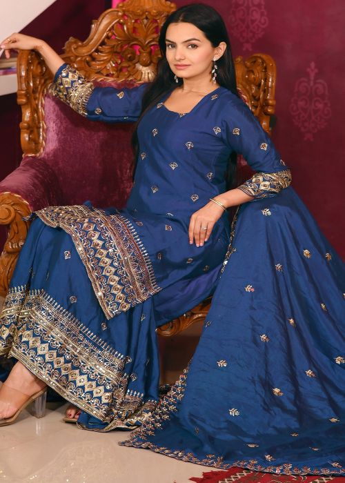 Blue Readymade Embroidered Sharara Suit