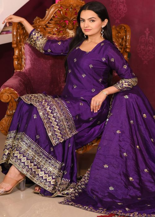 Readymade Purple Embroidered Sharara Suit