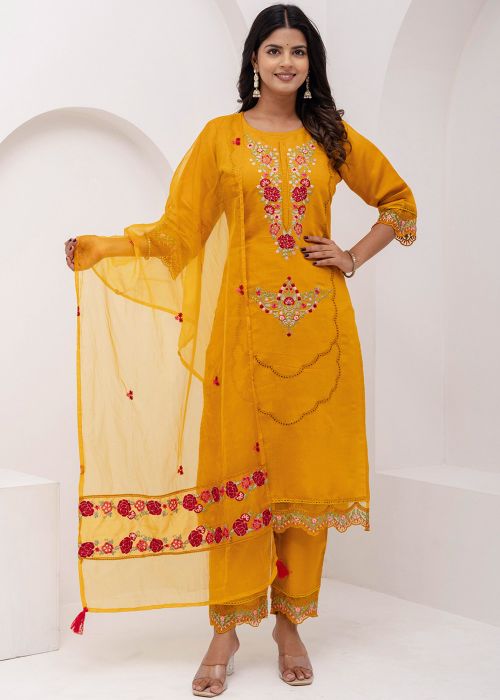 Thread Work Yellow Readymade Pant Suit