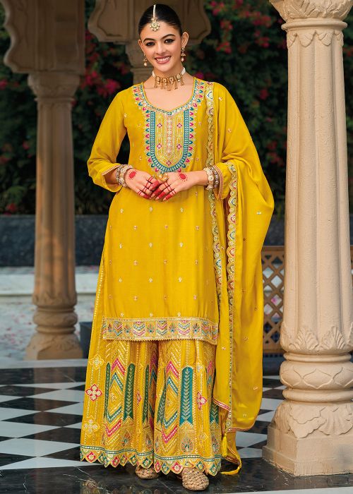Yellow Embroidered Readymade Palazzo Style Suit
