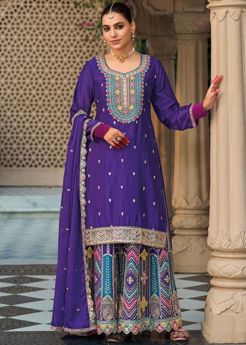 Purple Readymade Embroidered Palazzo Suit
