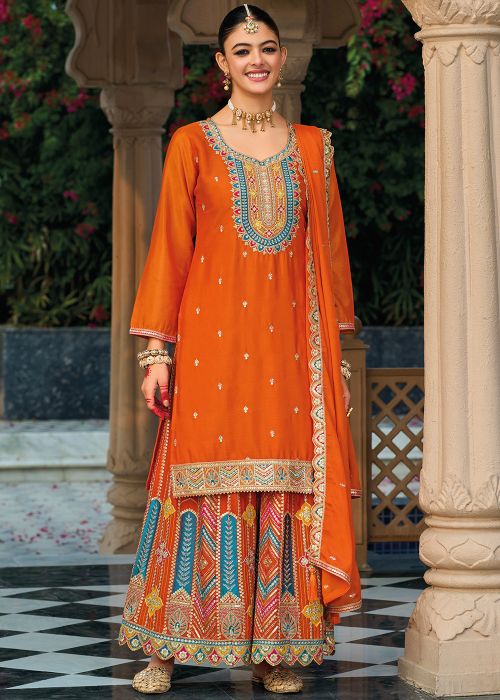 Orange Readymade Embroidered Palazzo Suit